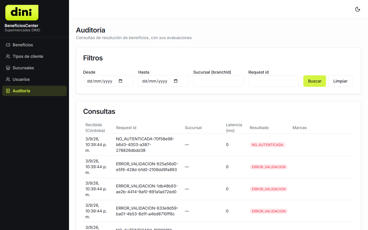 Auditoría — filtros y listado
